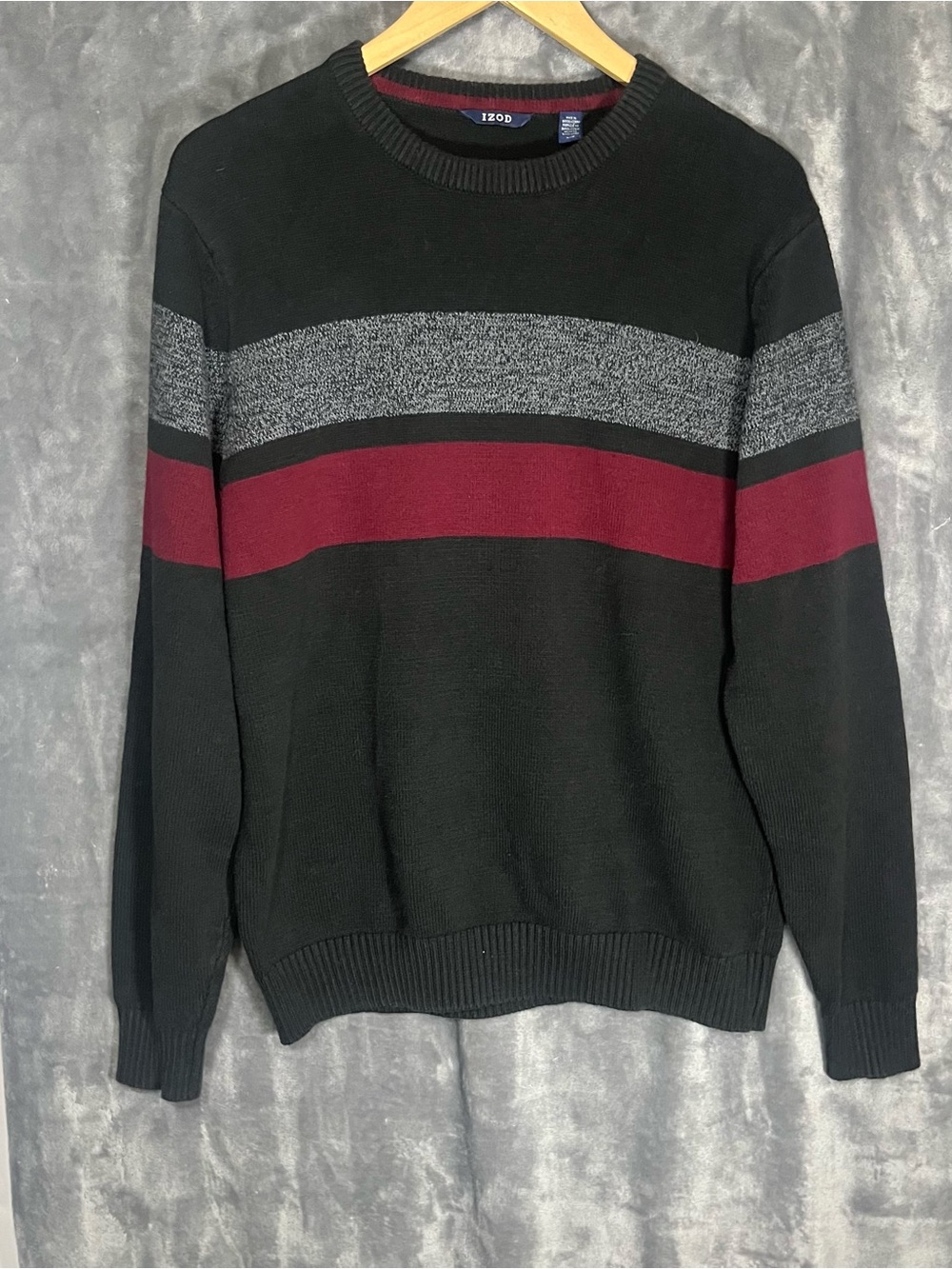Izod Men’s Black Crewneck Sweater with Gray and Burgundy Stripes